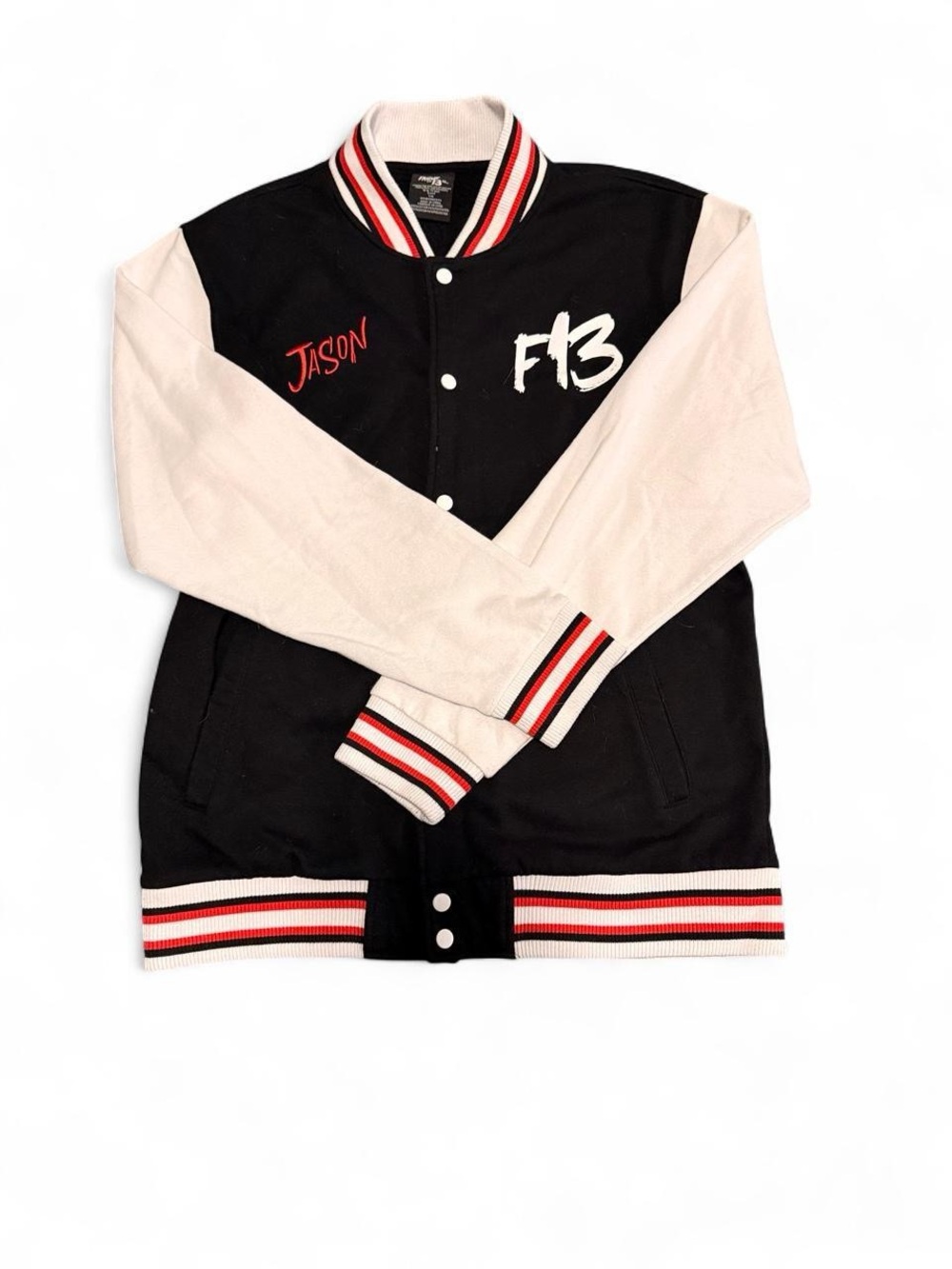 F13 Two-Tone Black & Cream Varsity Jacket with Red Accents